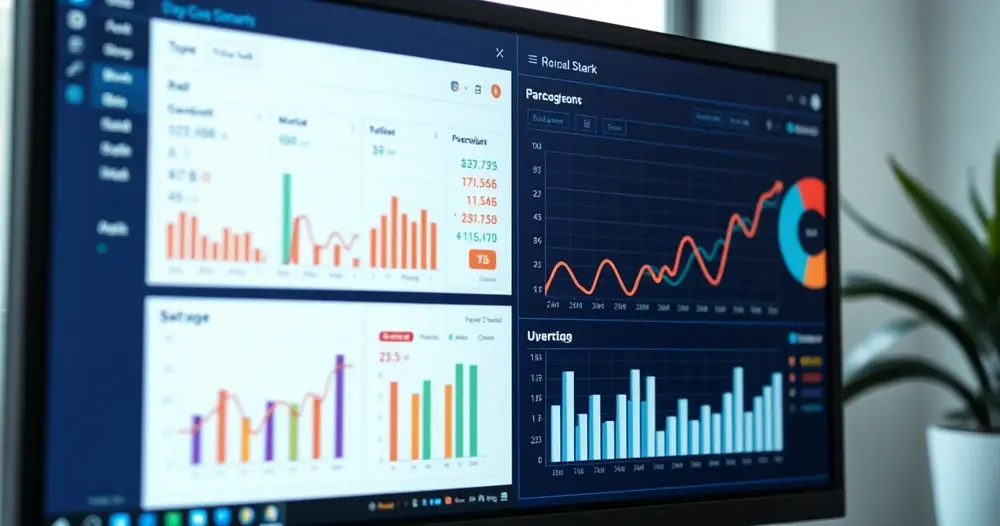 tela de computador exibindo painel de gestão com gráficos e listas