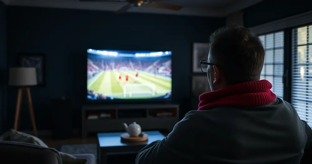 torcedor assistindo futebol na televisão em sala escura