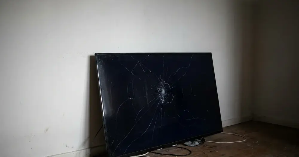 televisão de tela plana trincada encostada em parede branca